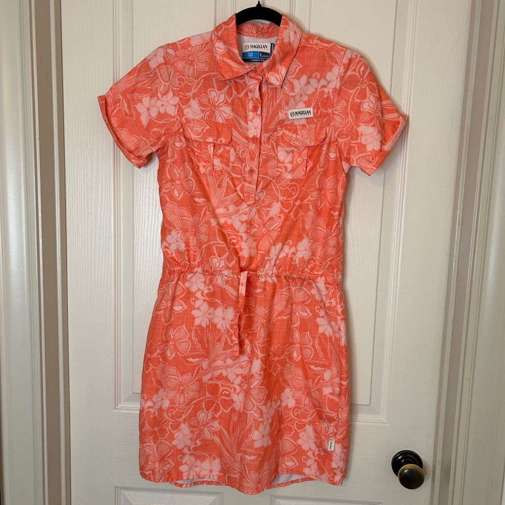 Magellan Outdoors Womens Coral Floral SS Button Front Shirt Dress Size S Fish